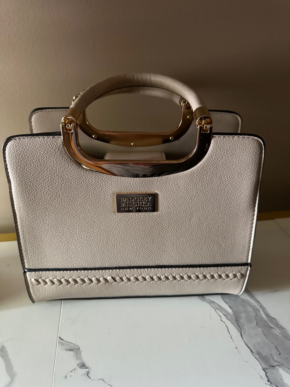 Badgley Mischka Light Cream Structured Top-Handle Satchel with Gold Hardware